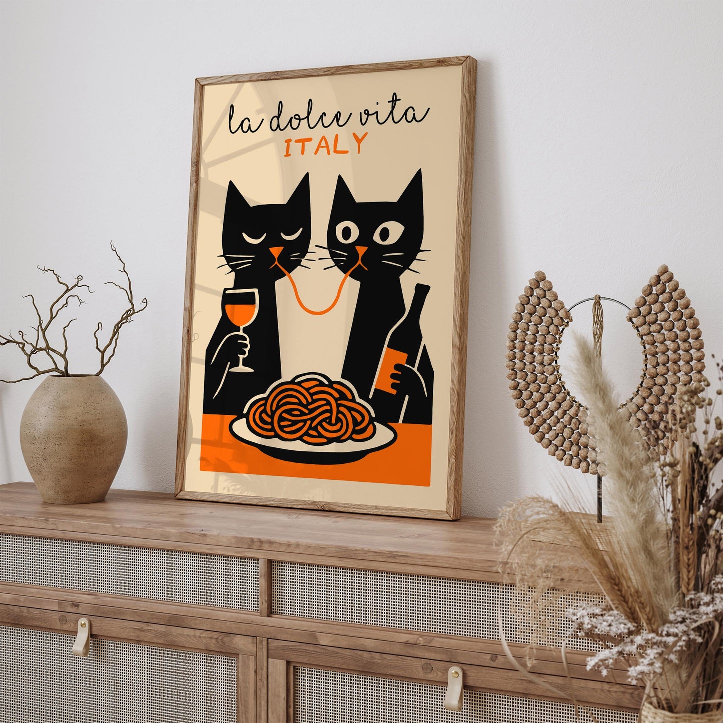 La Dolce Vita Poster - Two Funny Cat Eating Spaghetti Print