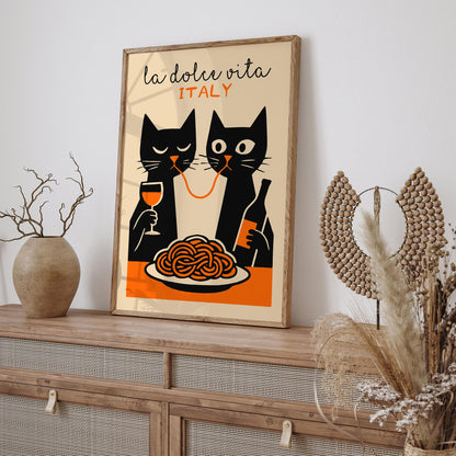 La Dolce Vita Poster - Two Funny Cat Eating Spaghetti Print