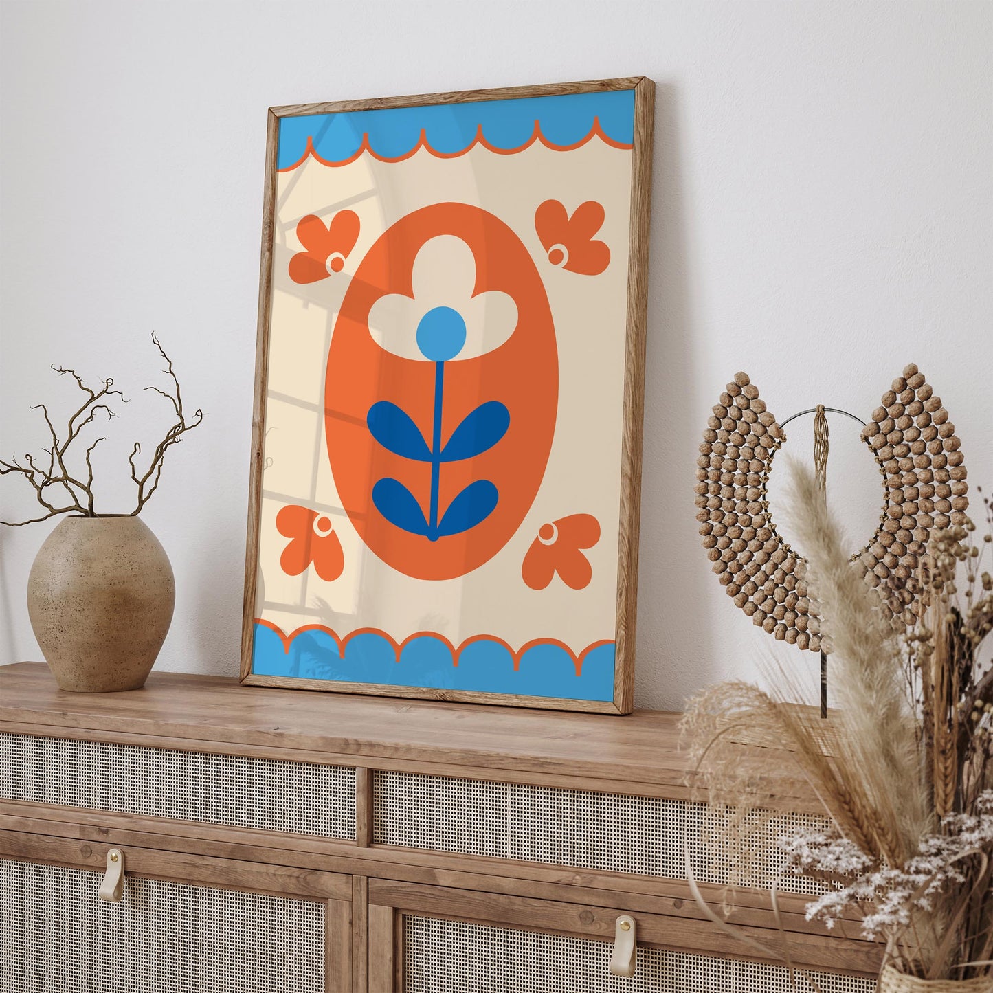 Folk Flower Poster - Blue and Orange Floral Print