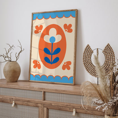 Folk Flower Poster - Blue and Orange Floral Print