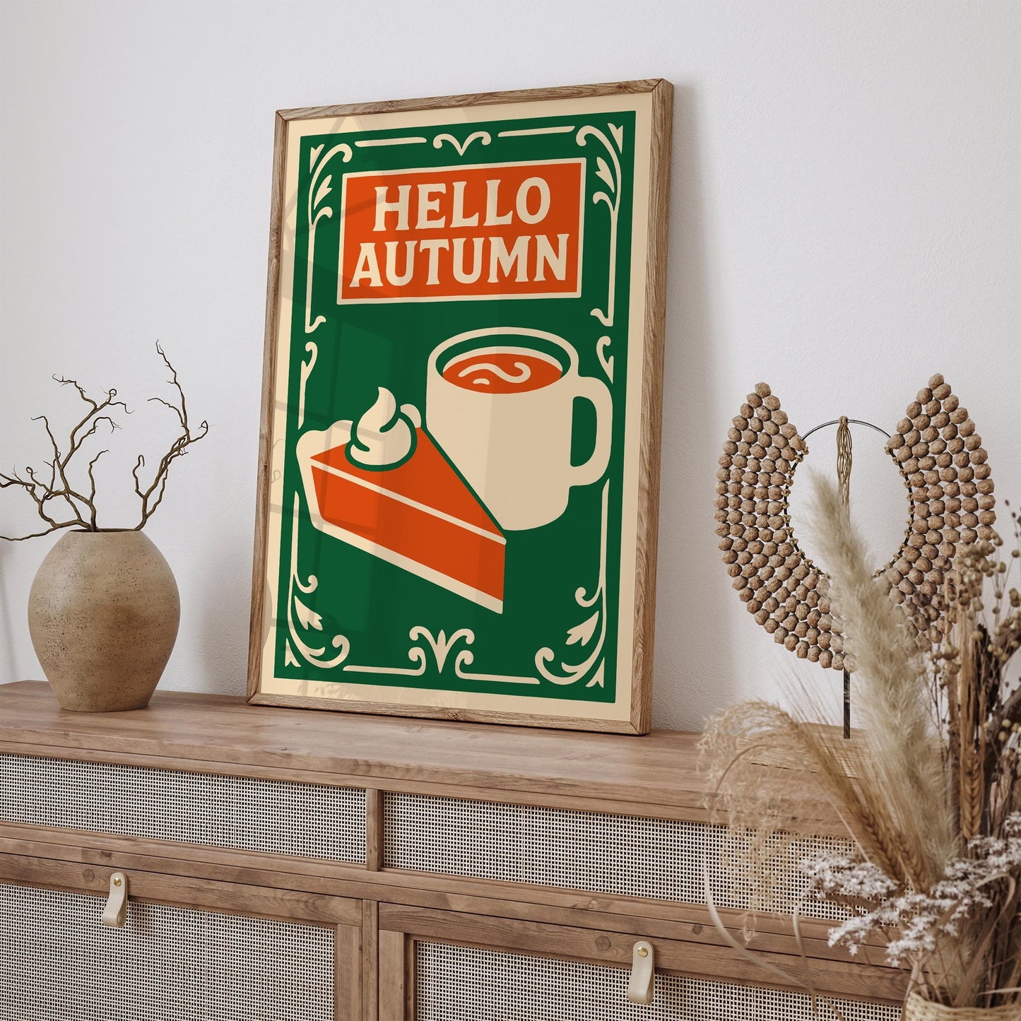 Hello Autumn Poster - Pumpkin Pie and Hot Cocoa Drink Wall Art