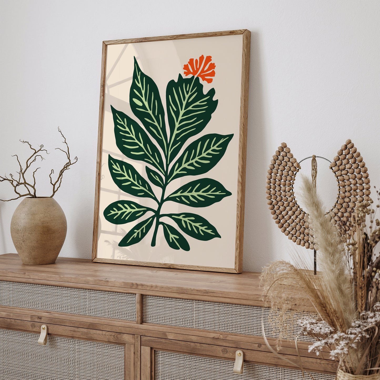 Hand-Drawn Botanical Poster,Vintage Style Green Leaf