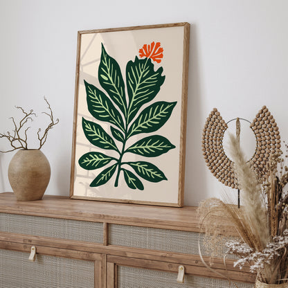 Hand-Drawn Botanical Poster,Vintage Style Green Leaf