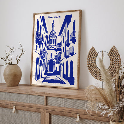 Barcelona Cityscape Blue Poster