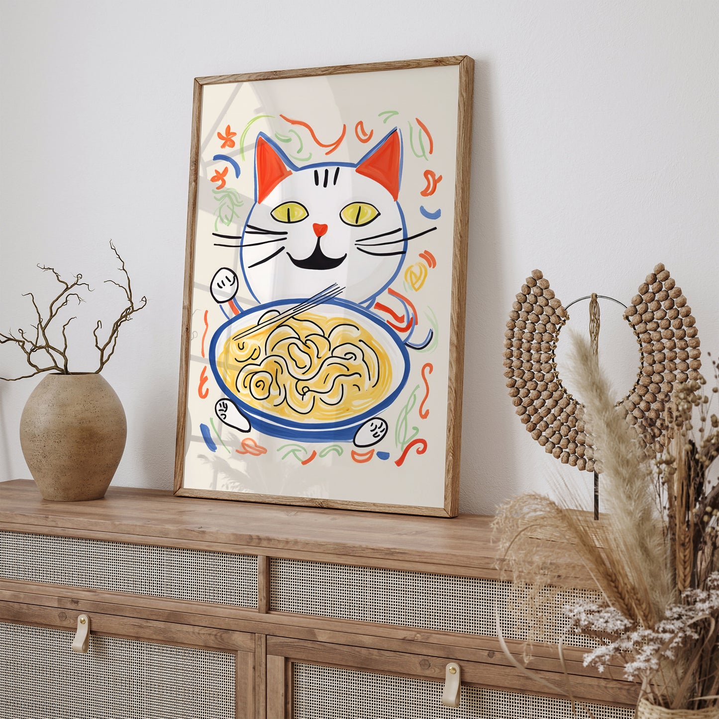 Cute Cat Eating Noodles Art Poster