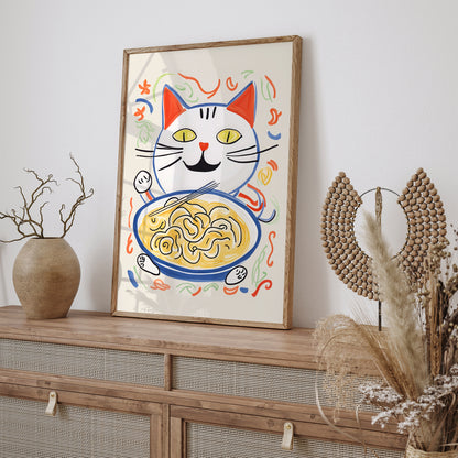 Cute Cat Eating Noodles Art Poster