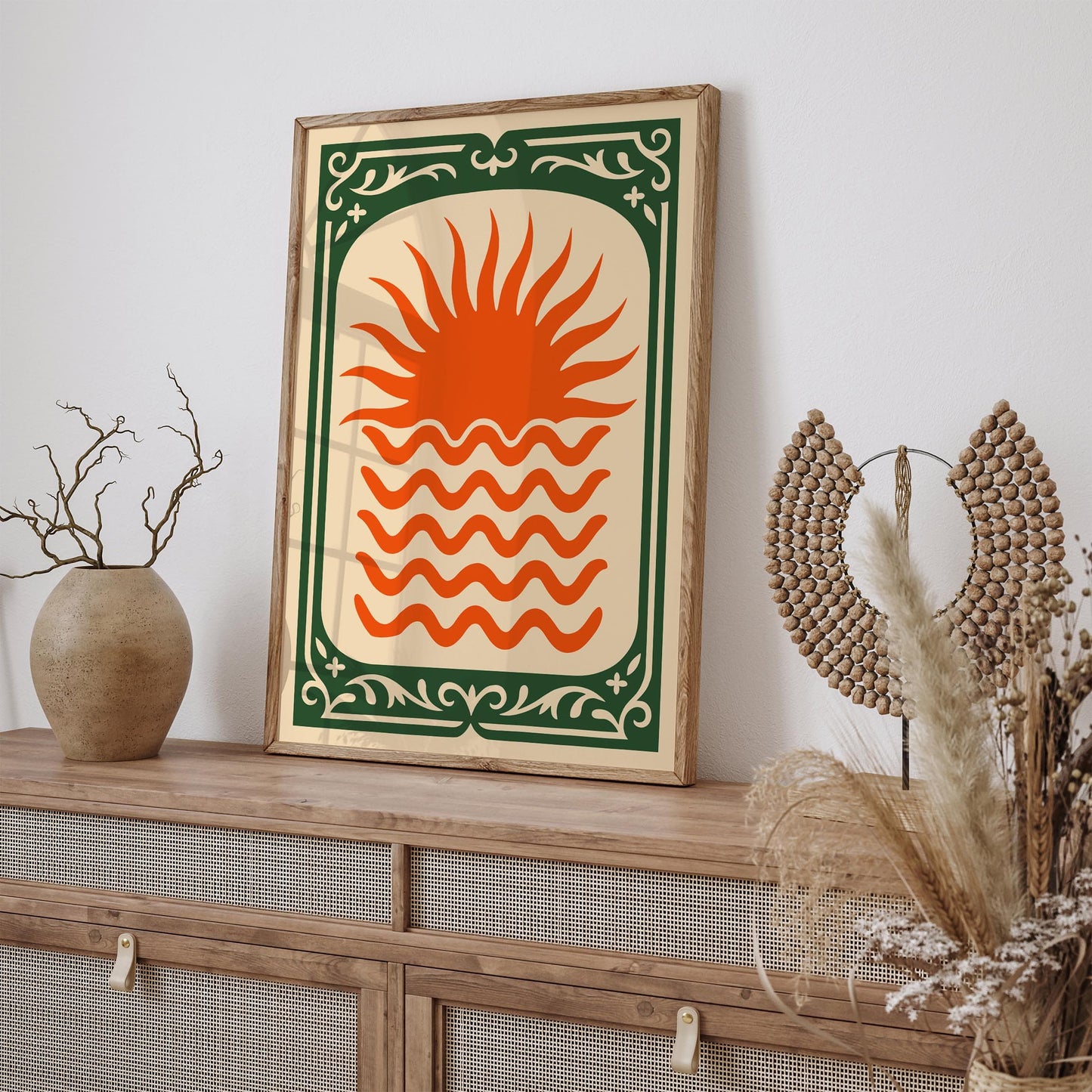 Orange Sun Poster - Green Frame Abstract Wall Art