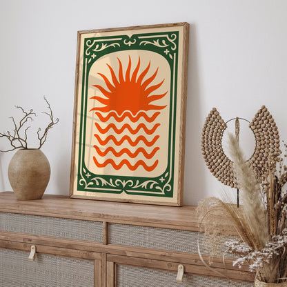 Orange Sun Poster - Green Frame Abstract Wall Art