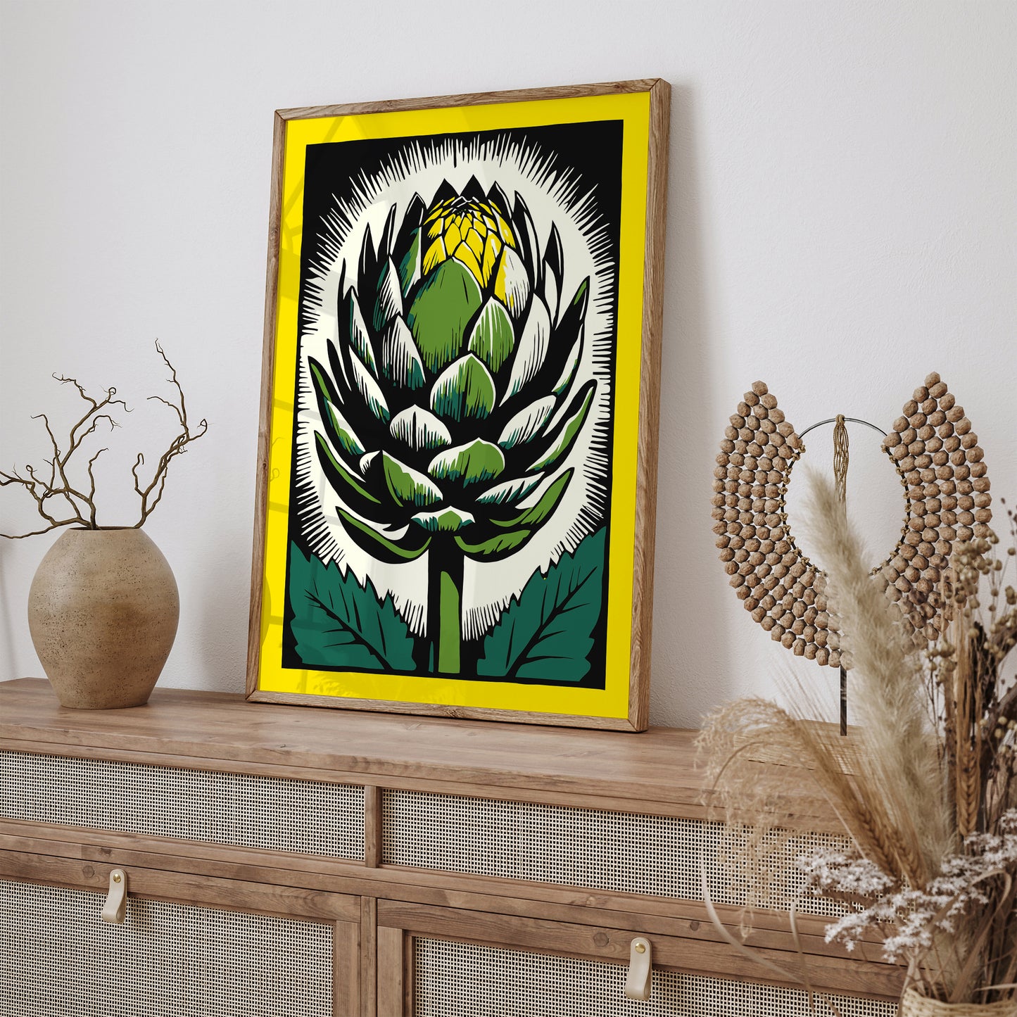 Vintage Artichoke Linocut Yellow Poster