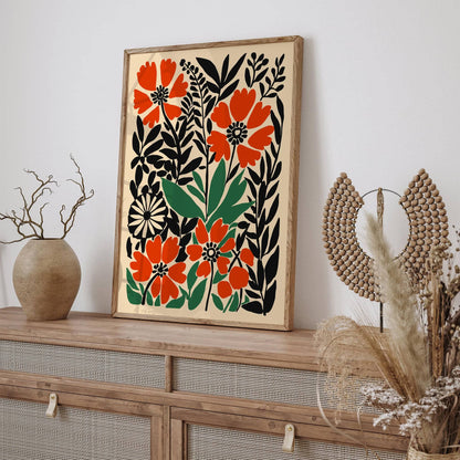 Retro Flower Garden Red Floral Art Print
