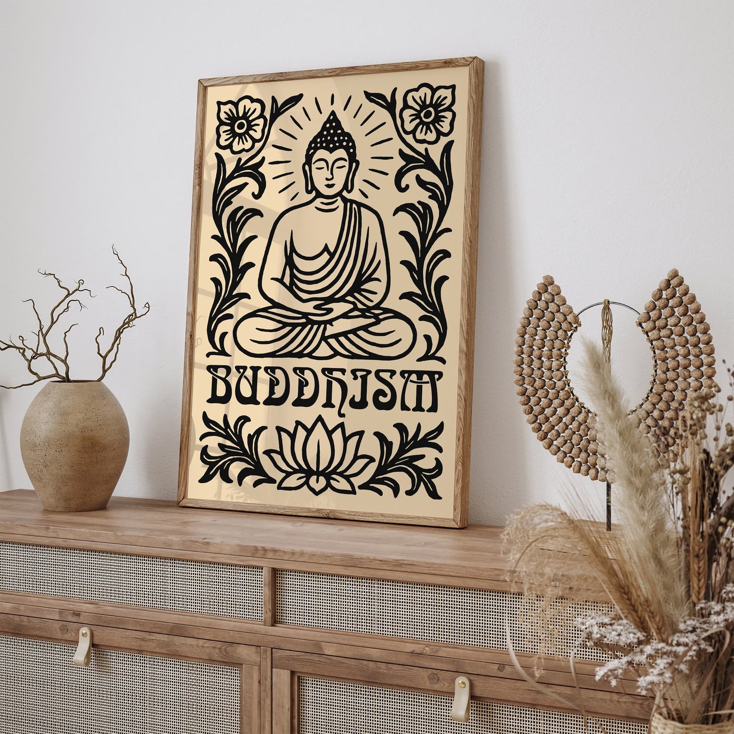 Buddhism Black Floral Art Print with Sitting Buddha