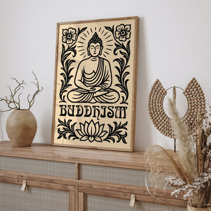 Buddhism Black Floral Art Print with Sitting Buddha