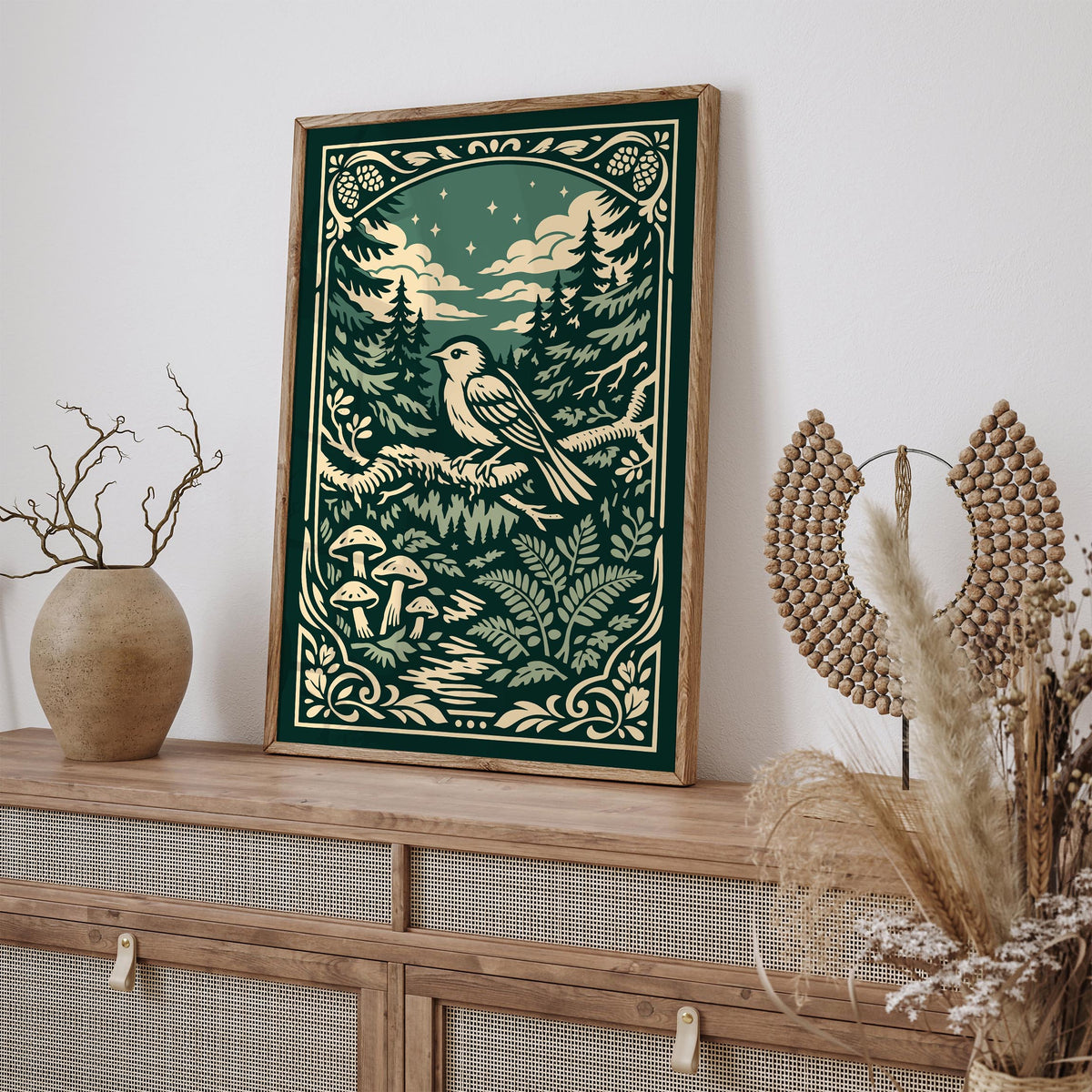 Night Forest Bird Art Poster