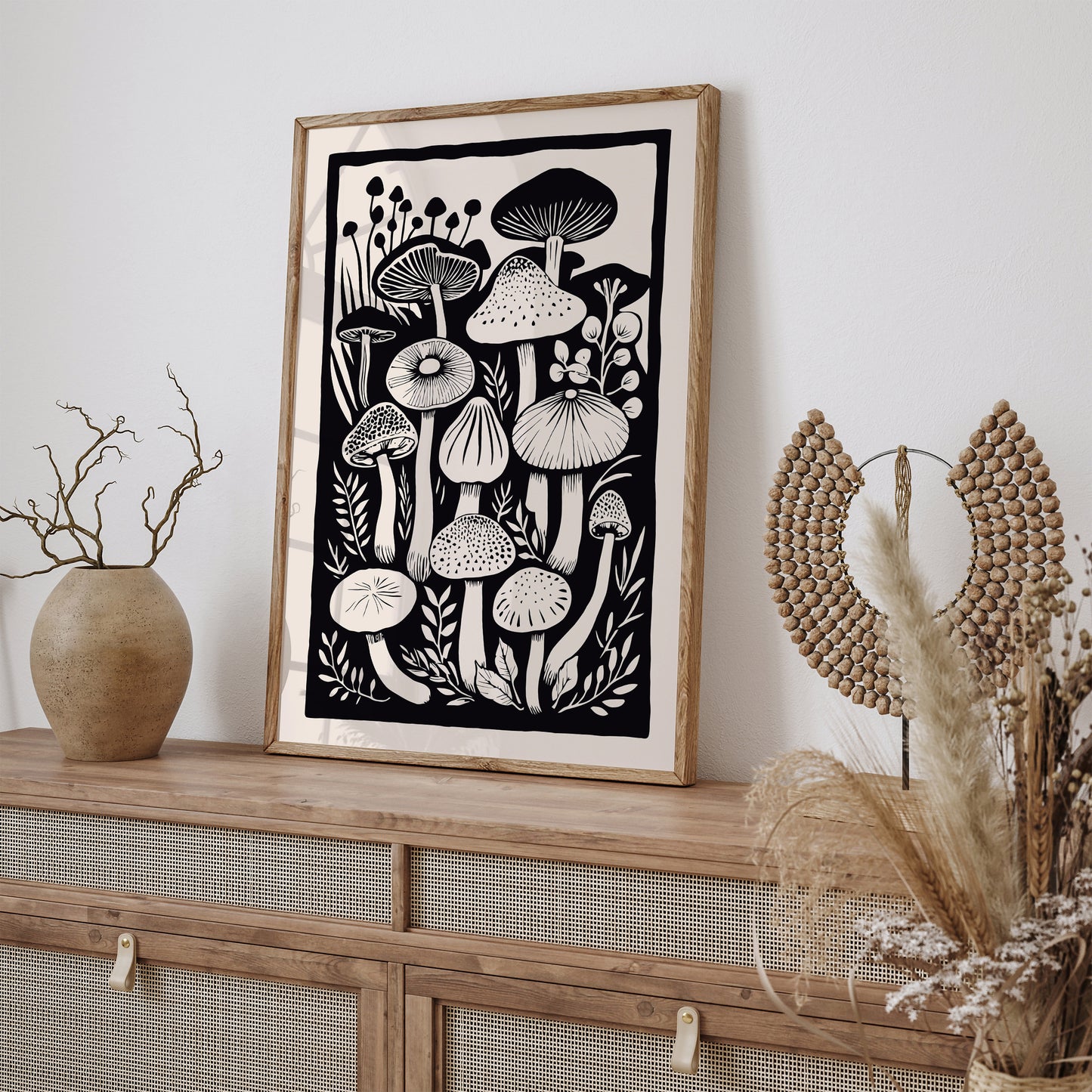 Black&White Mushrooms Linocut Art Print