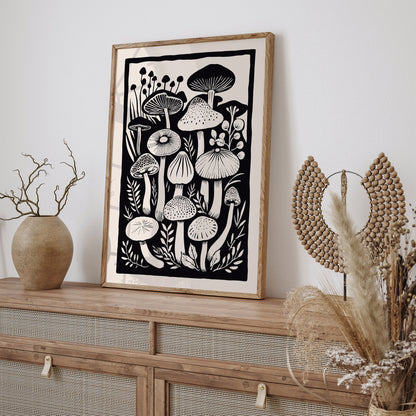 Black&White Mushrooms Linocut Art Print