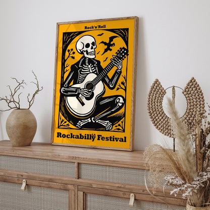 Yellow Skeleton Playing Guitar Rockabilly Music Poster