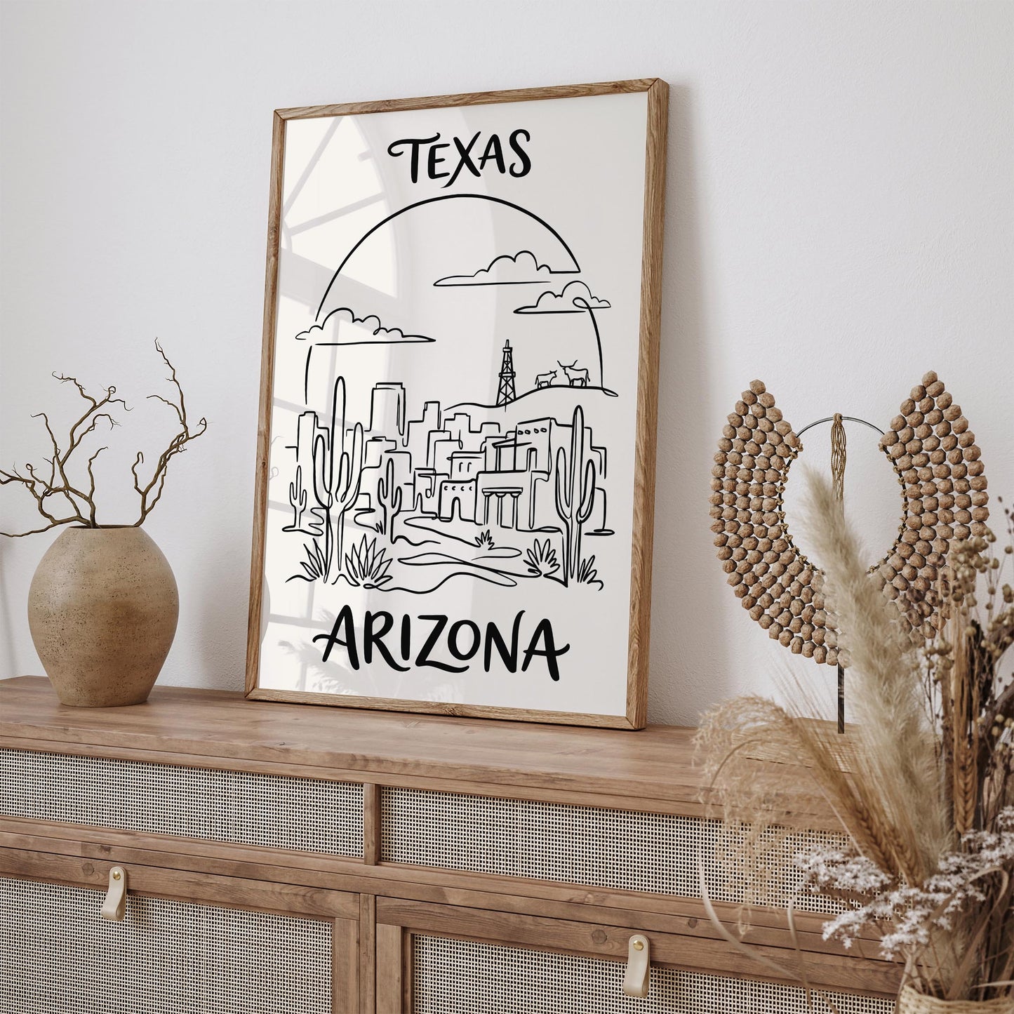 Texas Arizona Line Art BW Poster