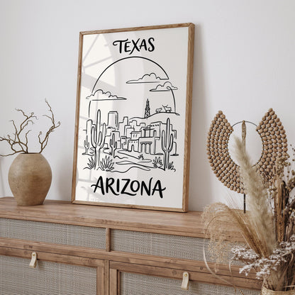 Texas Arizona Line Art BW Poster