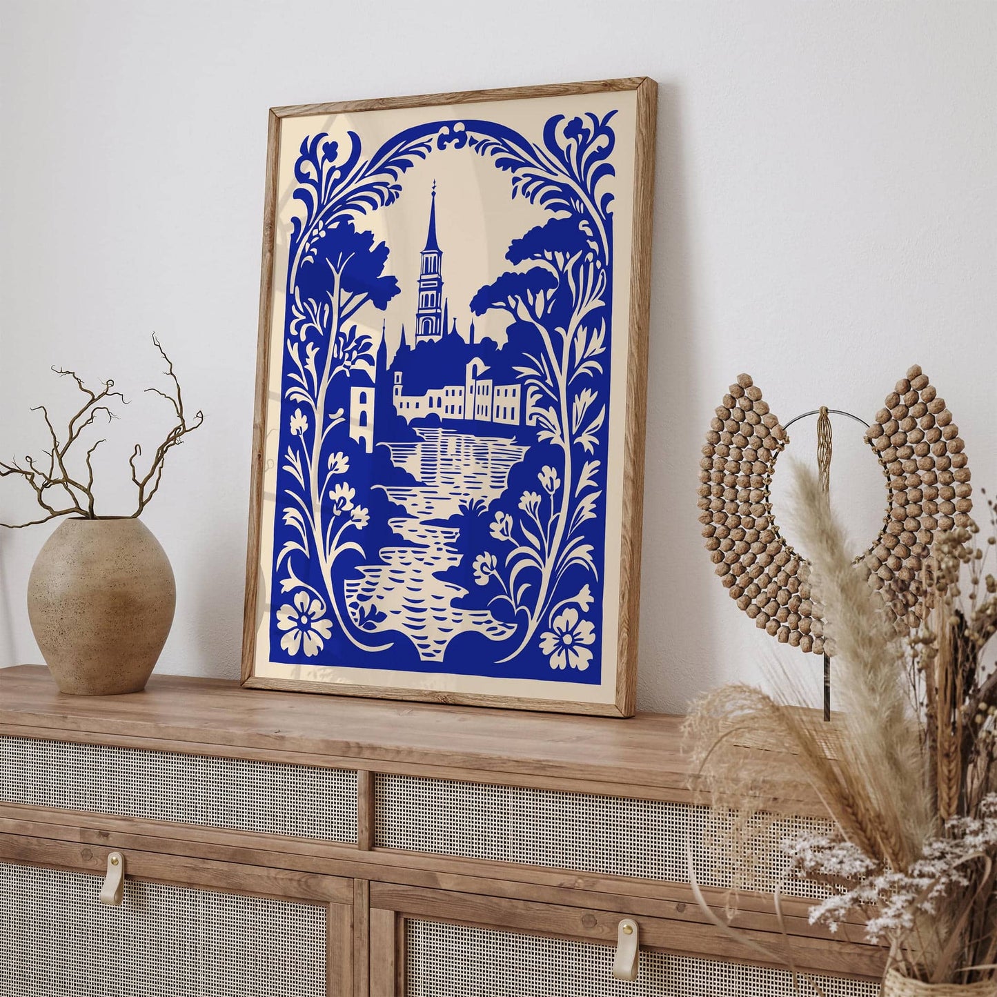 Prague, Czech Republic Blue Travel Linocut Art Print