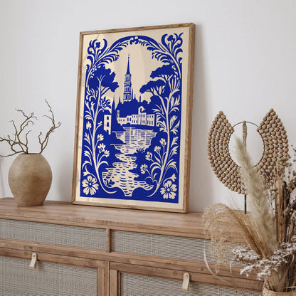 Prague, Czech Republic Blue Travel Linocut Art Print