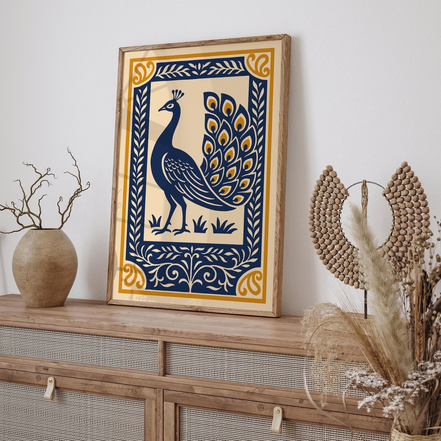 Navy Blue Peacock Art Print – Elegant Rococo Style Wall Art
