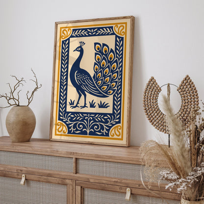 Navy Blue Peacock Art Print – Elegant Rococo Style Wall Art