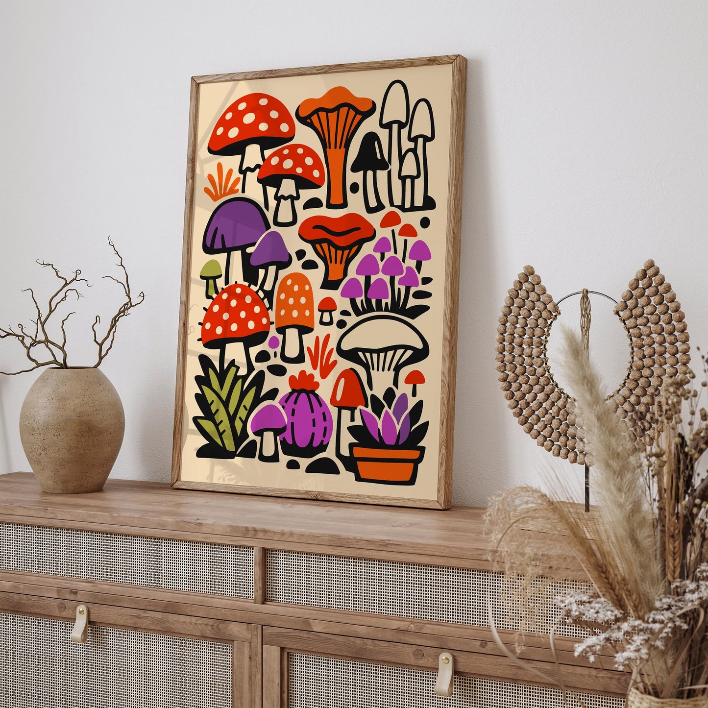Colorful Eclectic Mushrooms Wall Art Print – Boho Botanical Fungi Poster