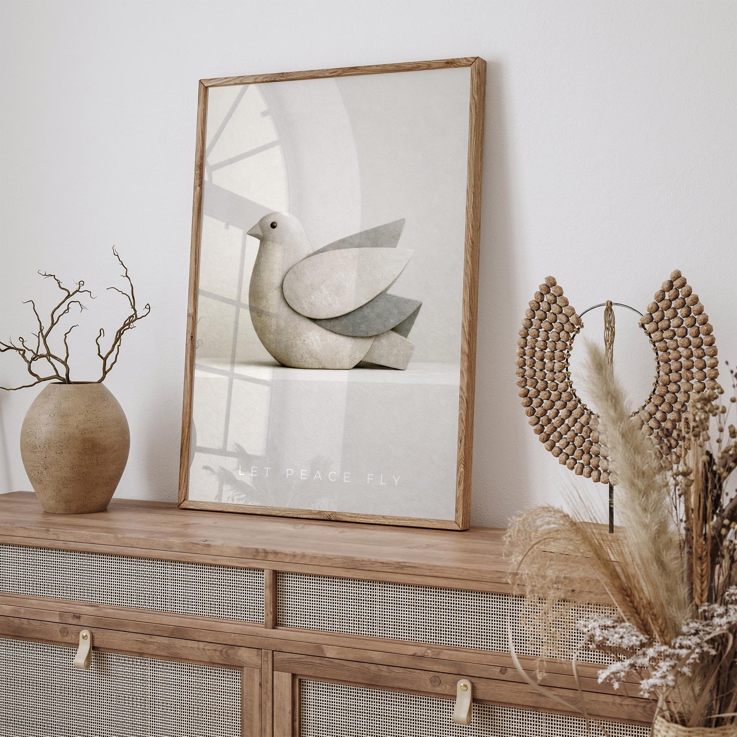 Minimalist Peace Dove Poster Print – Abstract Sandstone Bird Sculpture Wall Art