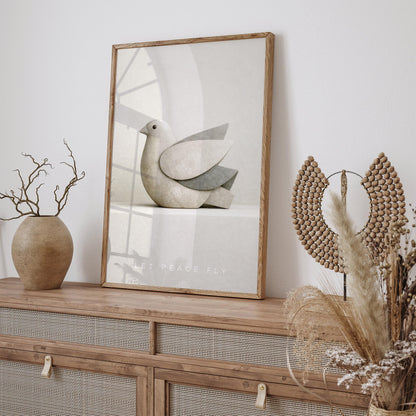 Minimalist Peace Dove Poster Print – Abstract Sandstone Bird Sculpture Wall Art
