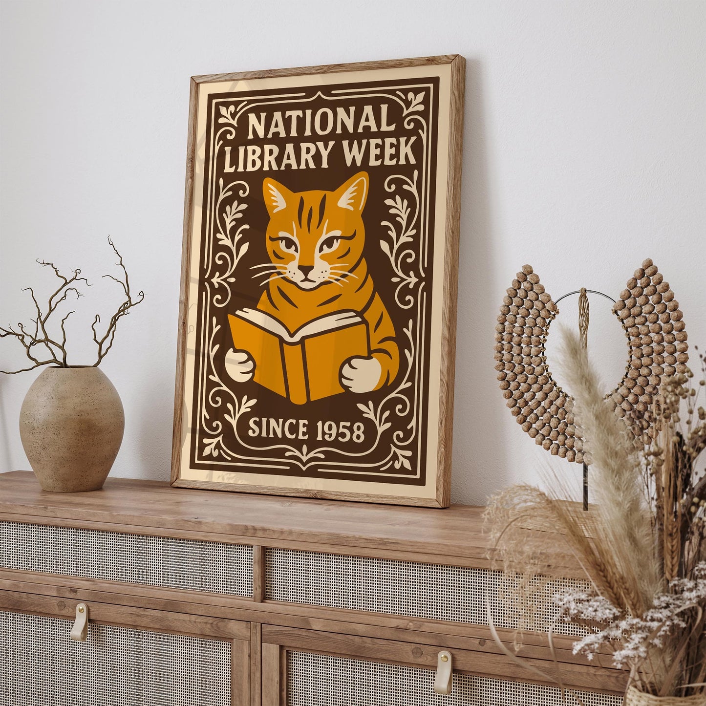 National Library Week Poster, Cat Reading a Book Print