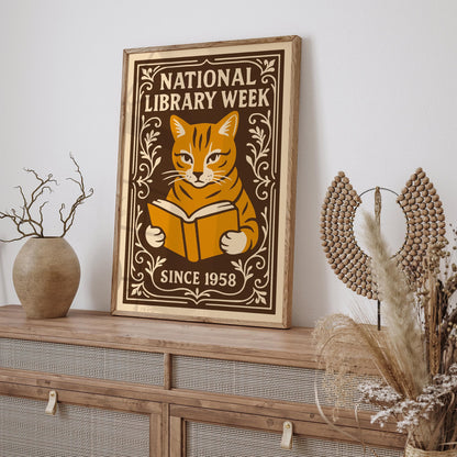 National Library Week Poster, Cat Reading a Book Print