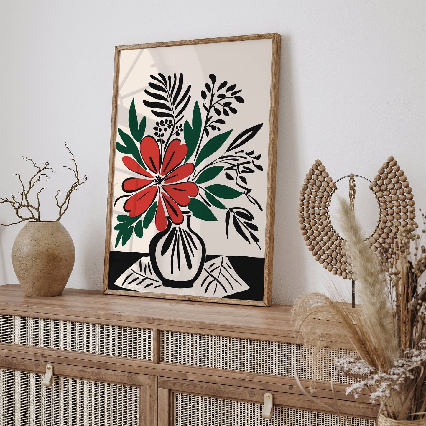 Retro Black Red Flowers Art Print