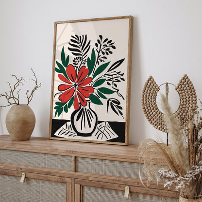 Retro Black Red Flowers Art Print