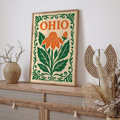 Ohio Travel Poster with Big Orange Flower