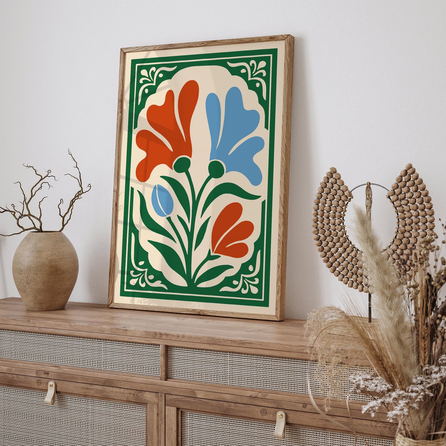 Blue and Red Floral Wall Art Print