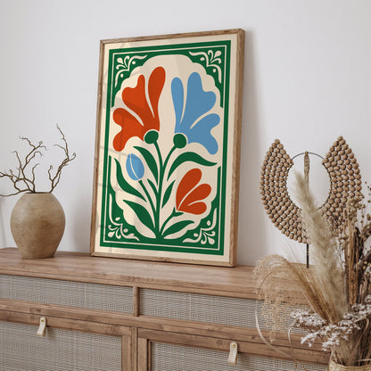 Blue and Red Floral Wall Art Print