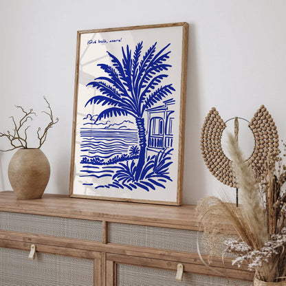 Blue and White Spanish Scenic Travel Poster