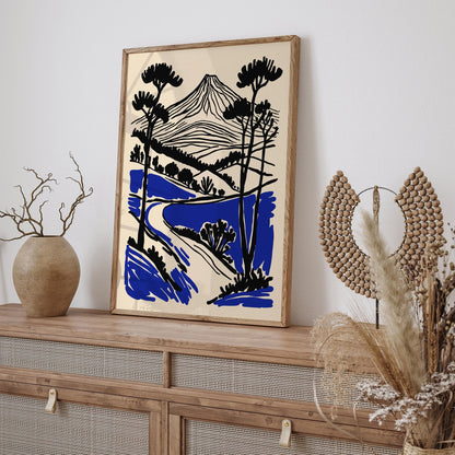 Mount Landscape Art Print - Black Ink Style
