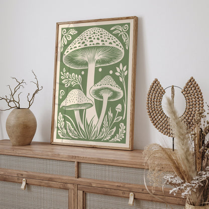 Mushroom Wall Art - Green Botanical Poster