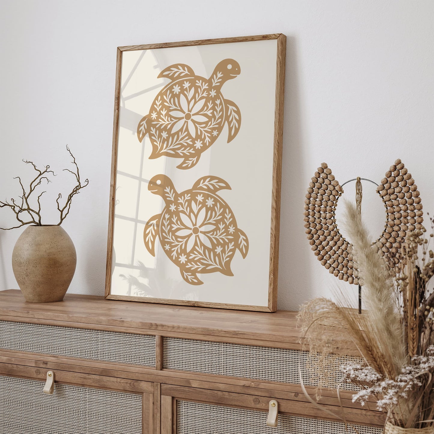 Boho Farmhouse Turtle Linocut Style Art Print