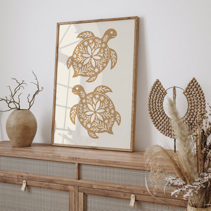 Boho Farmhouse Turtle Linocut Style Art Print