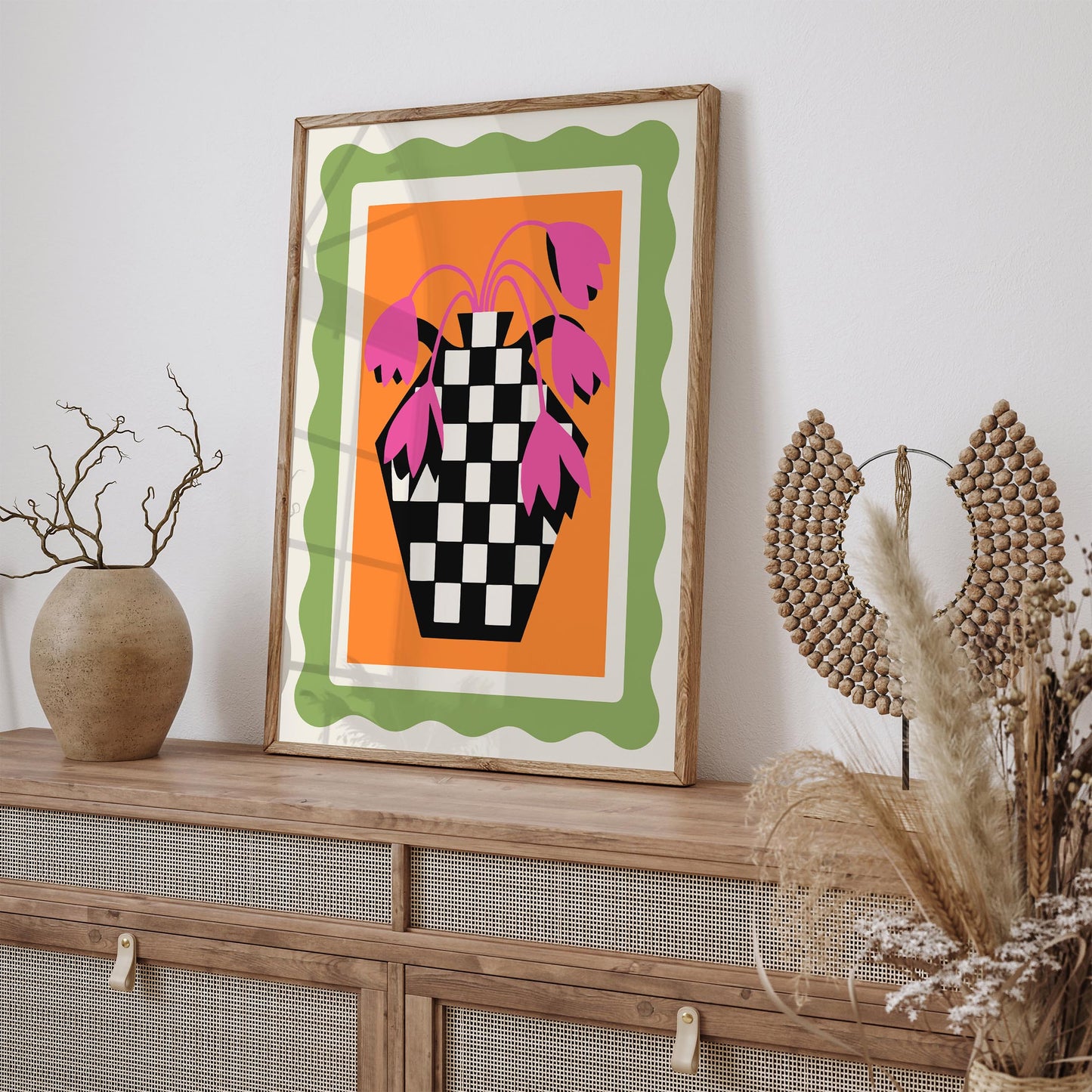 Retro Tulips Poster - Pink Floral Checkerboard Wall Art