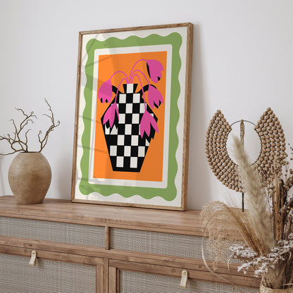Retro Tulips Poster - Pink Floral Checkerboard Wall Art