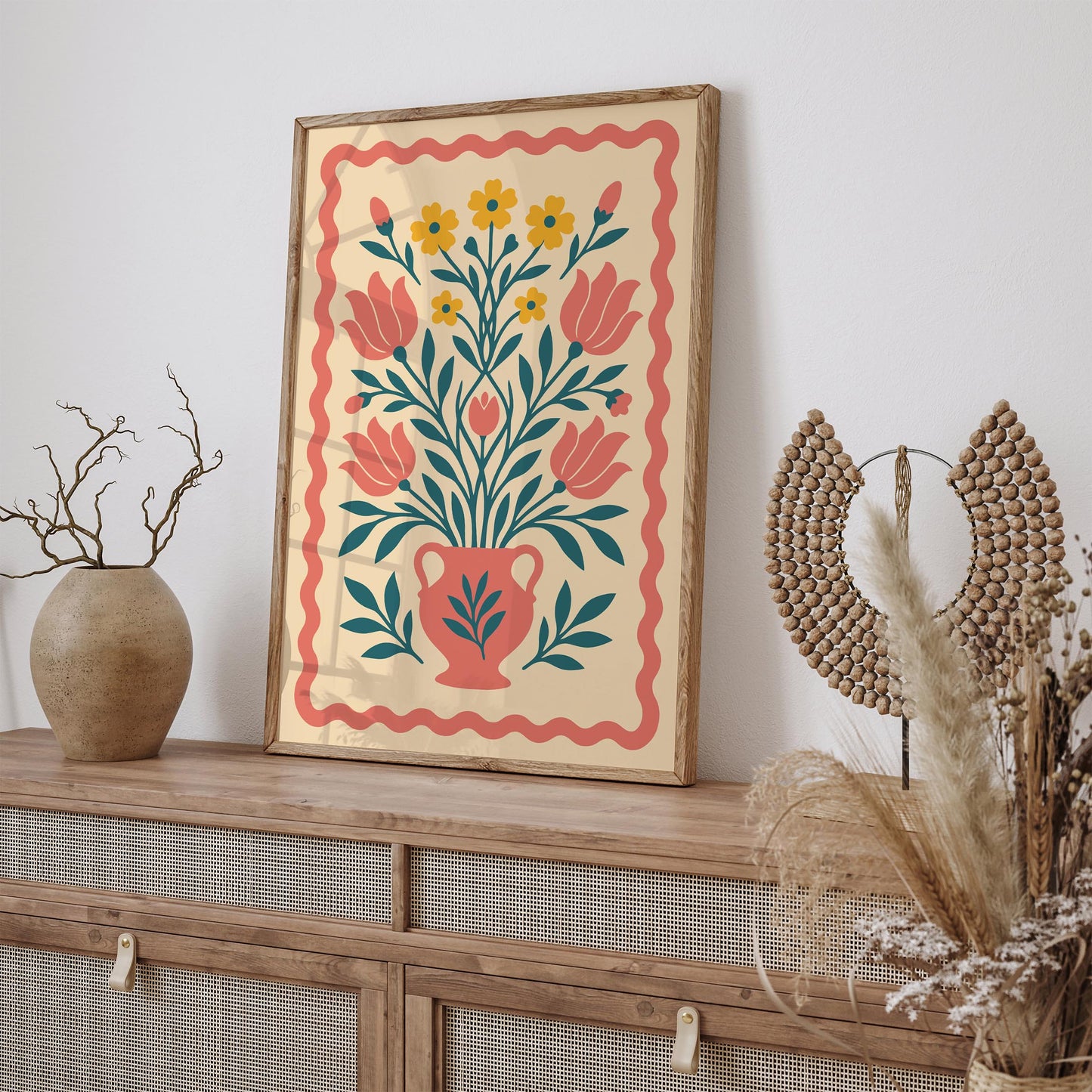 Boho Floral Vase Poster - Folk Botanical Print