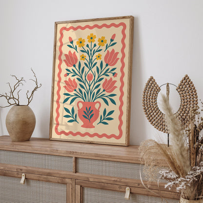 Boho Floral Vase Poster - Folk Botanical Print