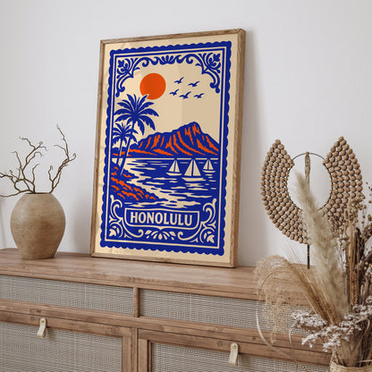 Honolulu Hawaii Blue Landscape Poster