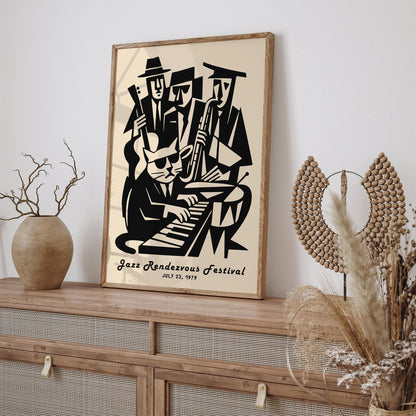 Jazz Randezvous Festival Poster - Funny Cat Musician & His Band Print