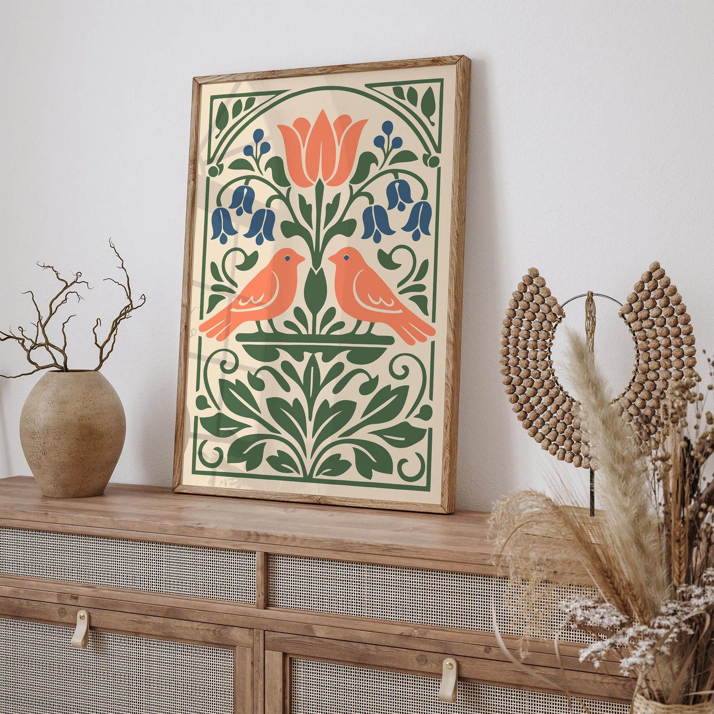 Two Spring Birds Folk Wall Art Print