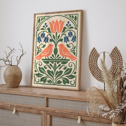 Two Spring Birds Folk Wall Art Print