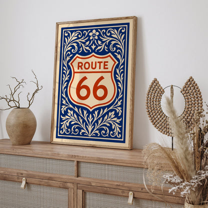Rout 66 Poster - USA Blue and Red Art Print